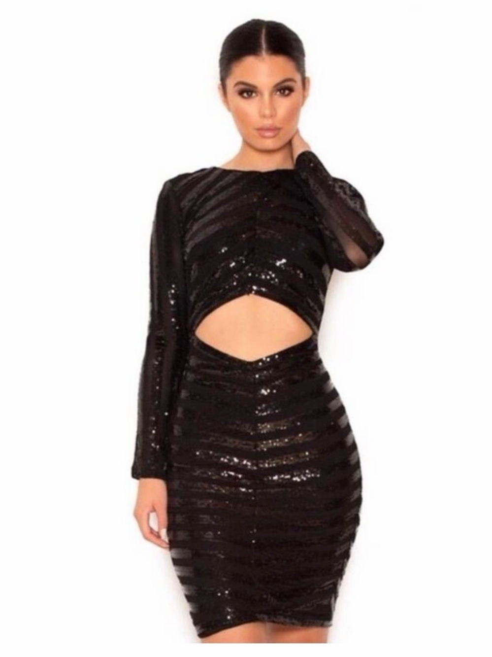 NWT House of CB "Suna" Black Sequin & Mesh Cut-Out Dress – Size Medium